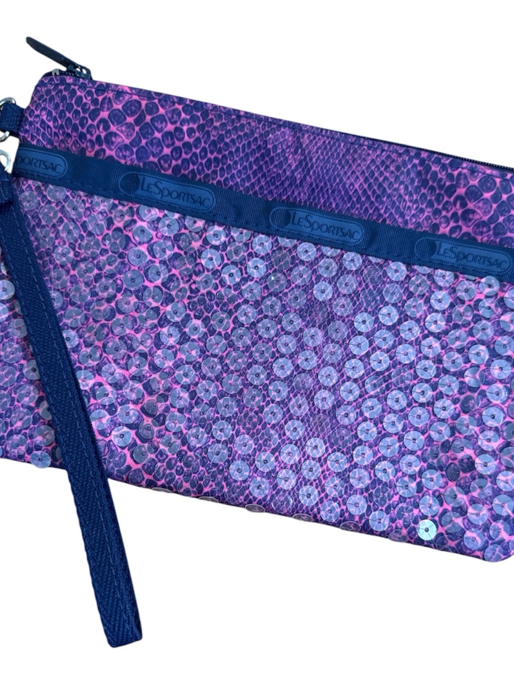 LeSportsac Purple Sequin Wristlet with Navy Trim